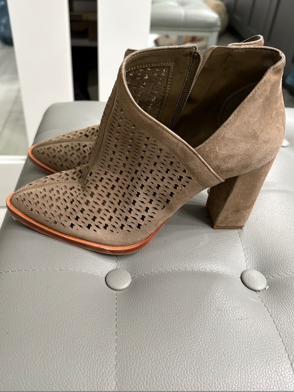 Vince Camuto Taupe Suede Laser-Cut Ankle Booties
